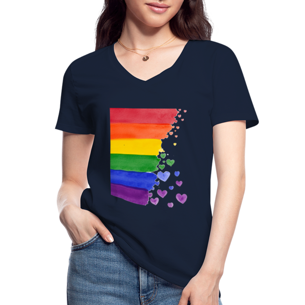 Klassisches Frauen-T-Shirt mit V-Ausschnitt - LGBT Streifen - Navy