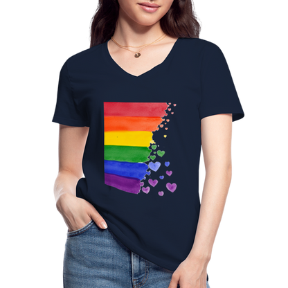 Klassisches Frauen-T-Shirt mit V-Ausschnitt - LGBT Streifen - Navy