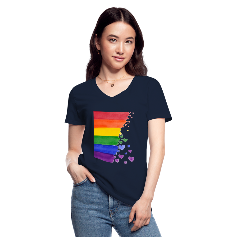 Klassisches Frauen-T-Shirt mit V-Ausschnitt - LGBT Streifen - Navy