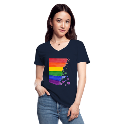 Klassisches Frauen-T-Shirt mit V-Ausschnitt - LGBT Streifen - Navy