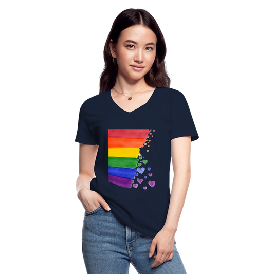 Klassisches Frauen-T-Shirt mit V-Ausschnitt - LGBT Streifen - Navy