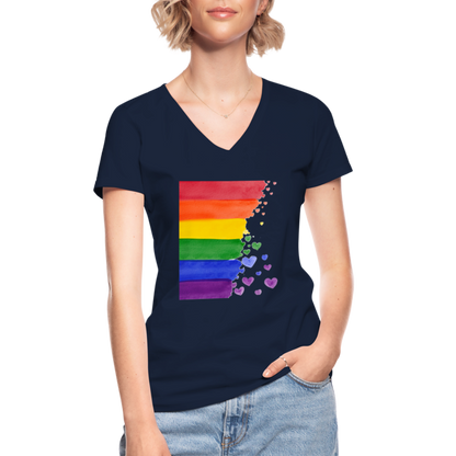 Klassisches Frauen-T-Shirt mit V-Ausschnitt - LGBT Streifen - Navy