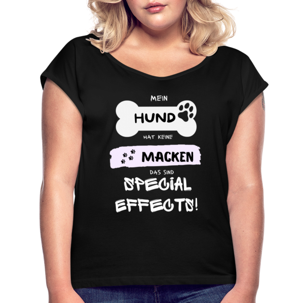 Frauen T-Shirt mit gerollten Ärmeln - Hund Macken - Schwarz