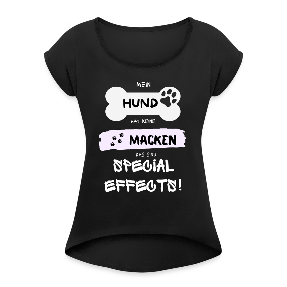 Frauen T-Shirt mit gerollten Ärmeln - Hund Macken - Schwarz