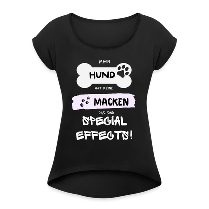 Frauen T-Shirt mit gerollten Ärmeln - Hund Macken - Schwarz