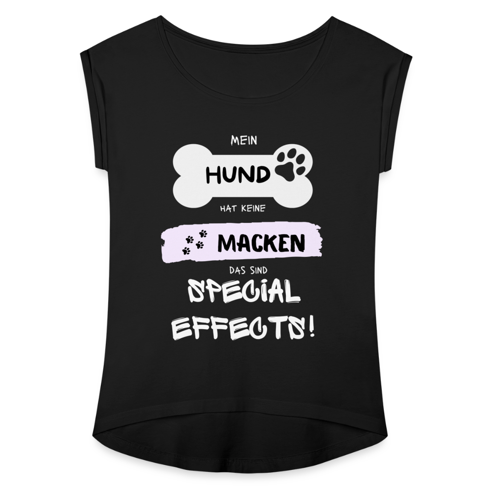 Frauen T-Shirt mit gerollten Ärmeln - Hund Macken - Schwarz