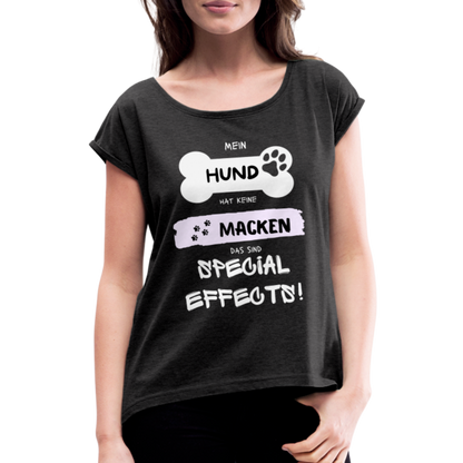 Frauen T-Shirt mit gerollten Ärmeln - Hund Macken - Schwarz meliert