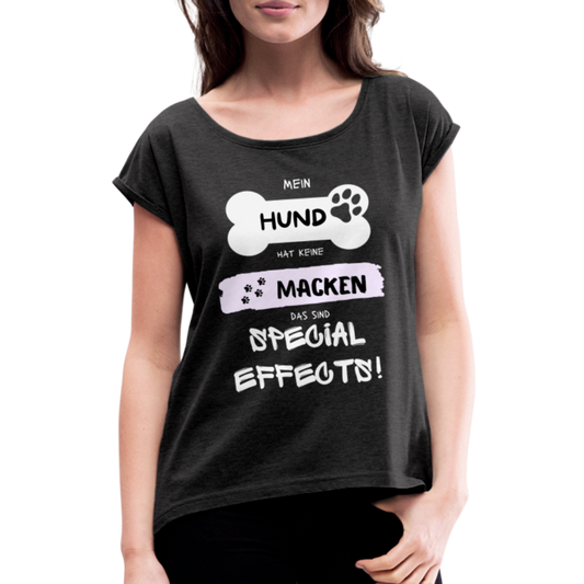 Frauen T-Shirt mit gerollten Ärmeln - Hund Macken - Schwarz meliert