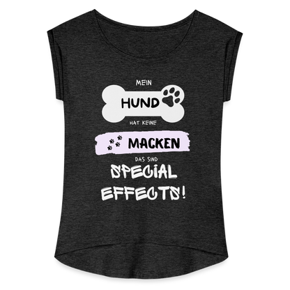 Frauen T-Shirt mit gerollten Ärmeln - Hund Macken - Schwarz meliert