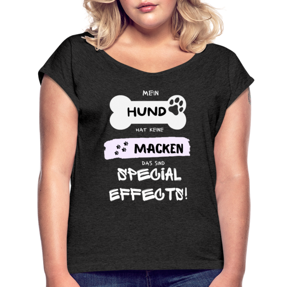 Frauen T-Shirt mit gerollten Ärmeln - Hund Macken - Schwarz meliert