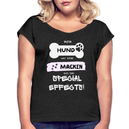 Frauen T-Shirt mit gerollten Ärmeln - Hund Macken - Schwarz meliert