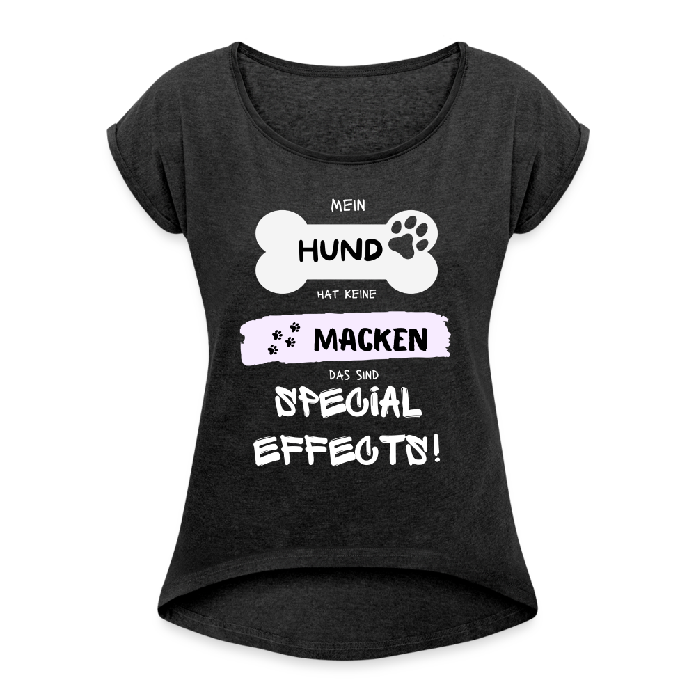 Frauen T-Shirt mit gerollten Ärmeln - Hund Macken - Schwarz meliert