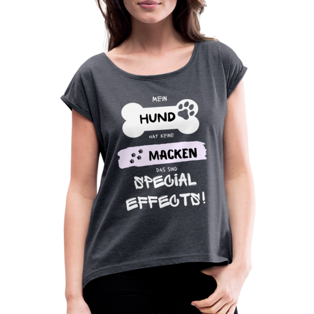 Frauen T-Shirt mit gerollten Ärmeln - Hund Macken - Navy meliert