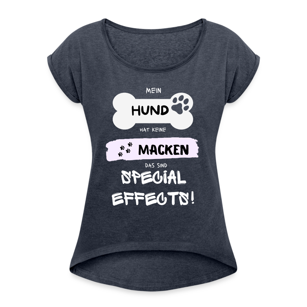 Frauen T-Shirt mit gerollten Ärmeln - Hund Macken - Navy meliert