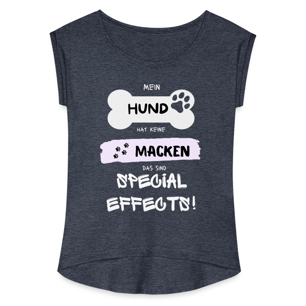 Frauen T-Shirt mit gerollten Ärmeln - Hund Macken - Navy meliert