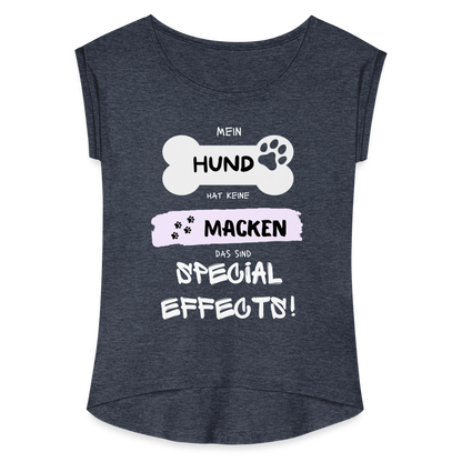 Frauen T-Shirt mit gerollten Ärmeln - Hund Macken - Navy meliert