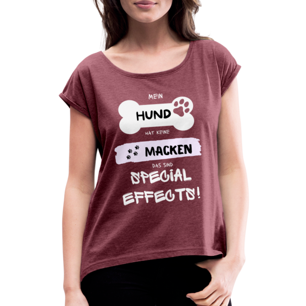 Frauen T-Shirt mit gerollten Ärmeln - Hund Macken - Bordeauxrot meliert