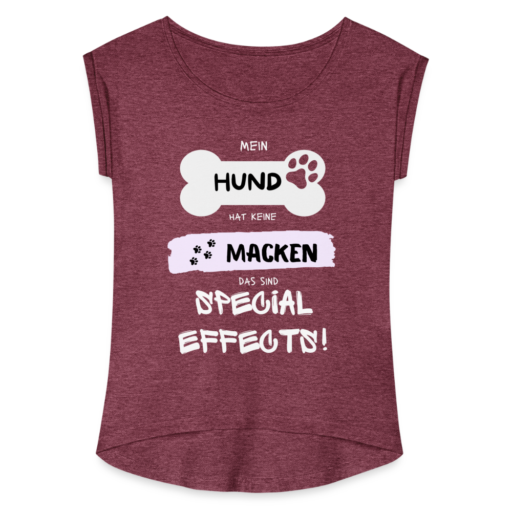 Frauen T-Shirt mit gerollten Ärmeln - Hund Macken - Bordeauxrot meliert