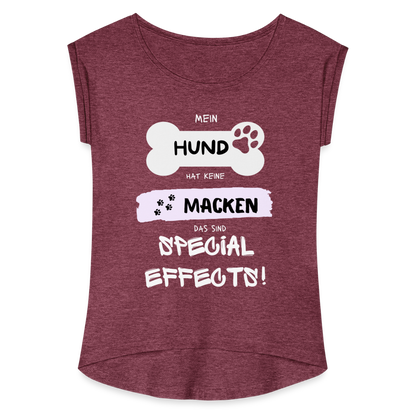 Frauen T-Shirt mit gerollten Ärmeln - Hund Macken - Bordeauxrot meliert