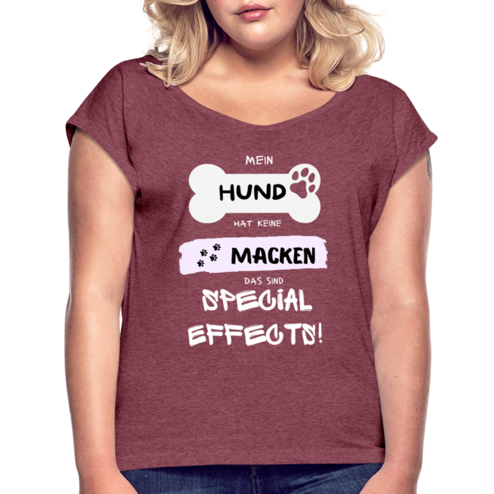 Frauen T-Shirt mit gerollten Ärmeln - Hund Macken - Bordeauxrot meliert