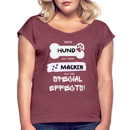 Frauen T-Shirt mit gerollten Ärmeln - Hund Macken - Bordeauxrot meliert