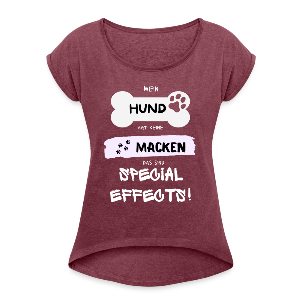 Frauen T-Shirt mit gerollten Ärmeln - Hund Macken - Bordeauxrot meliert