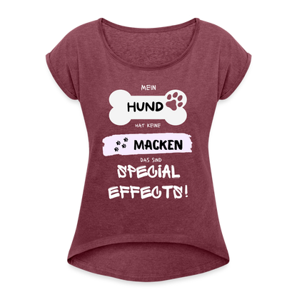 Frauen T-Shirt mit gerollten Ärmeln - Hund Macken - Bordeauxrot meliert