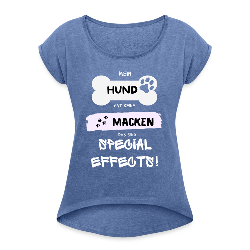 Frauen T-Shirt mit gerollten Ärmeln - Hund Macken - Denim meliert