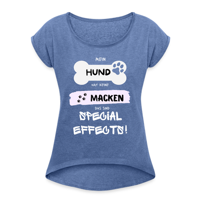 Frauen T-Shirt mit gerollten Ärmeln - Hund Macken - Denim meliert