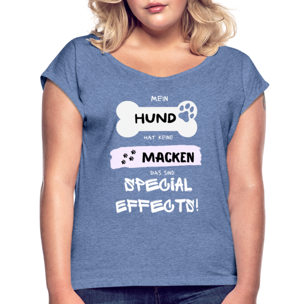 Frauen T-Shirt mit gerollten Ärmeln - Hund Macken - Denim meliert