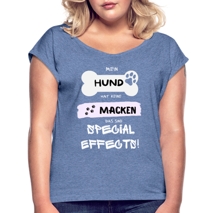 Frauen T-Shirt mit gerollten Ärmeln - Hund Macken - Denim meliert