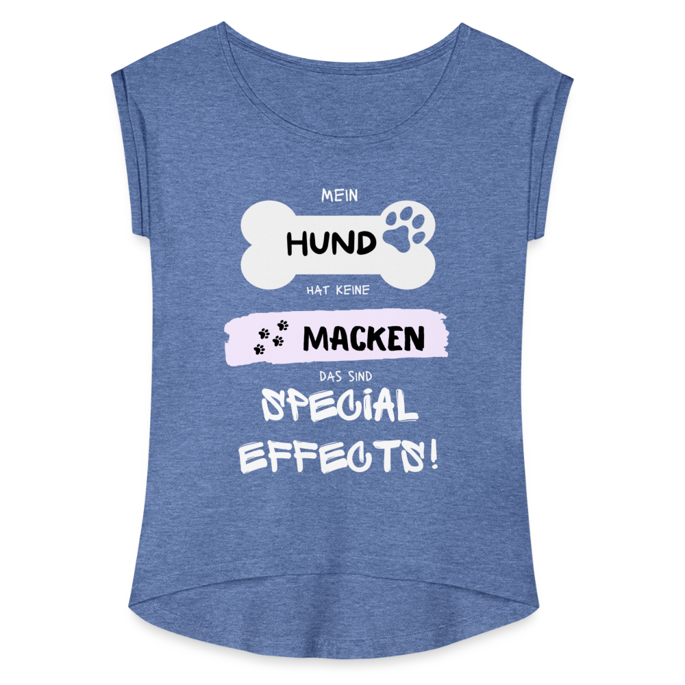 Frauen T-Shirt mit gerollten Ärmeln - Hund Macken - Denim meliert