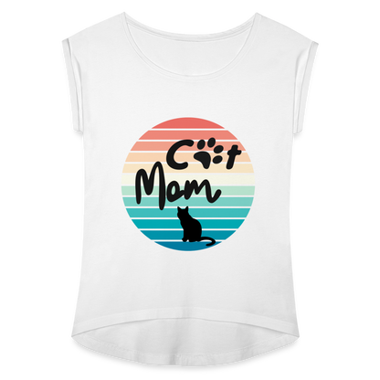 Frauen T-Shirt mit gerollten Ärmeln - Cat Mom - weiß