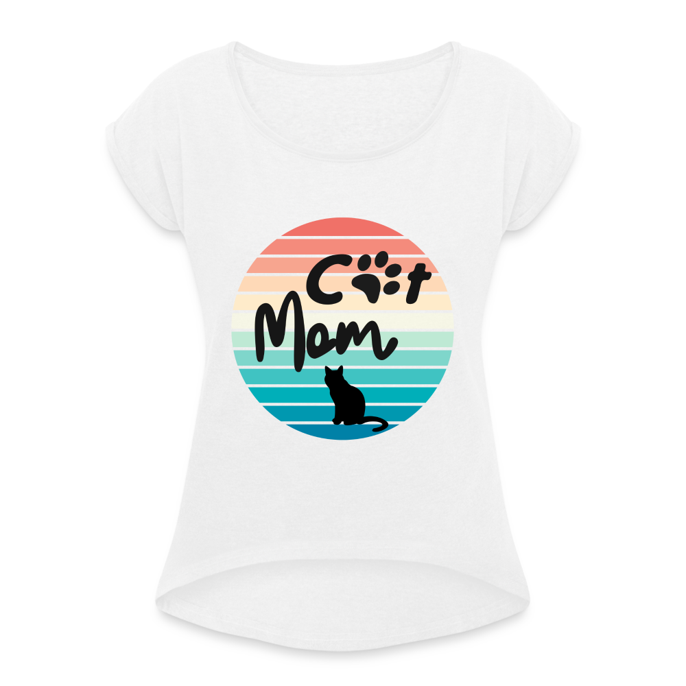 Frauen T-Shirt mit gerollten Ärmeln - Cat Mom - weiß