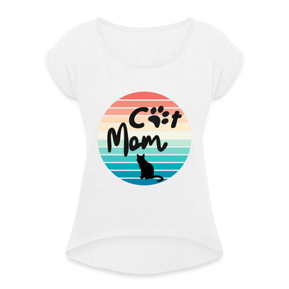 Frauen T-Shirt mit gerollten Ärmeln - Cat Mom - weiß