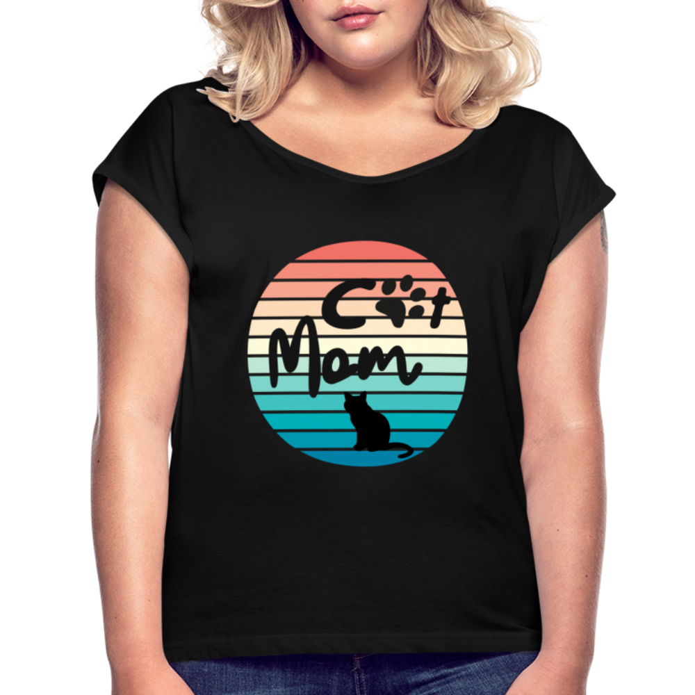 Frauen T-Shirt mit gerollten Ärmeln - Cat Mom - Schwarz