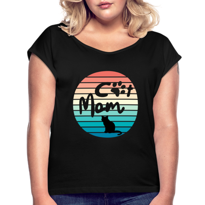 Frauen T-Shirt mit gerollten Ärmeln - Cat Mom - Schwarz