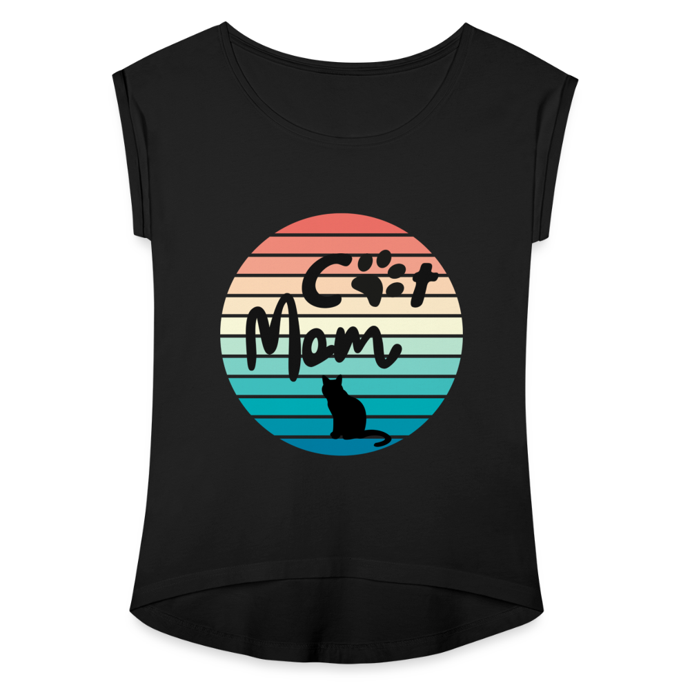 Frauen T-Shirt mit gerollten Ärmeln - Cat Mom - Schwarz