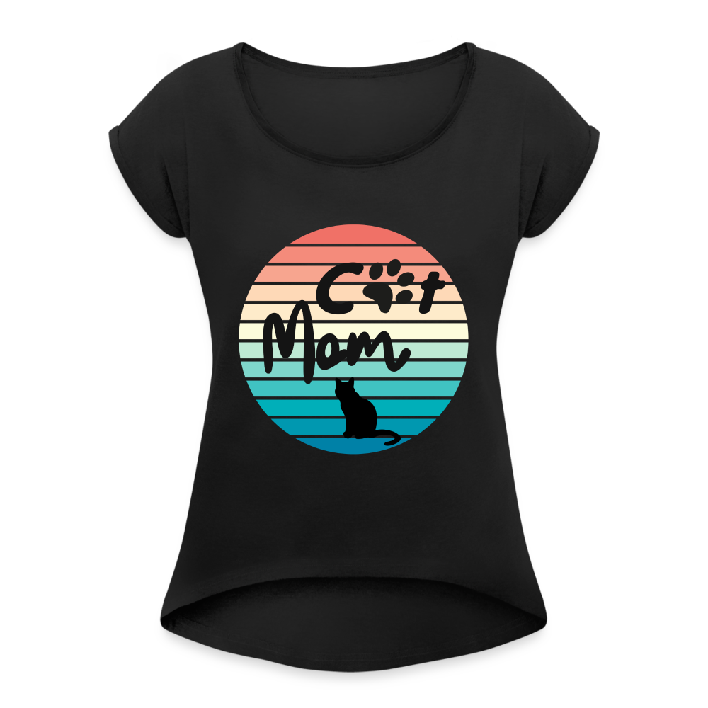 Frauen T-Shirt mit gerollten Ärmeln - Cat Mom - Schwarz