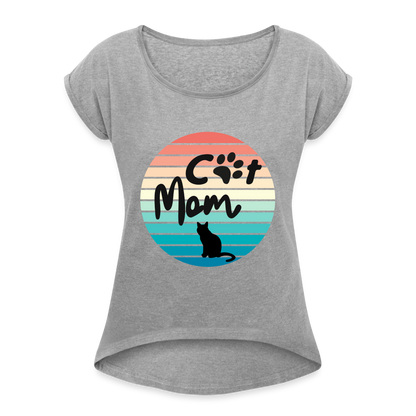 Frauen T-Shirt mit gerollten Ärmeln - Cat Mom - Grau meliert