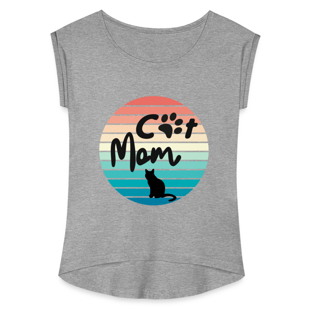 Frauen T-Shirt mit gerollten Ärmeln - Cat Mom - Grau meliert