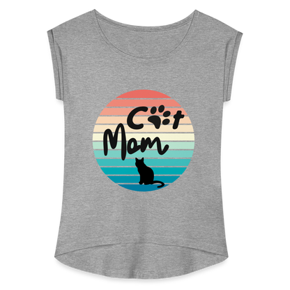 Frauen T-Shirt mit gerollten Ärmeln - Cat Mom - Grau meliert