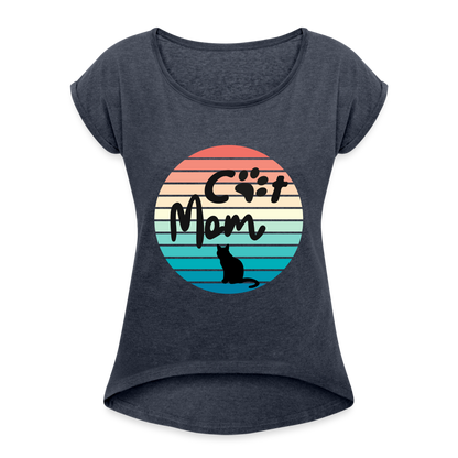 Frauen T-Shirt mit gerollten Ärmeln - Cat Mom - Navy meliert