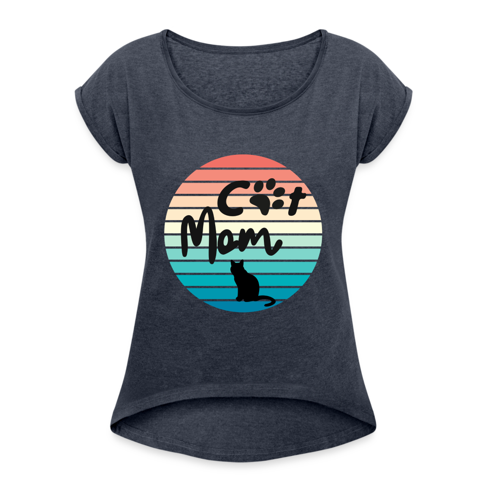 Frauen T-Shirt mit gerollten Ärmeln - Cat Mom - Navy meliert