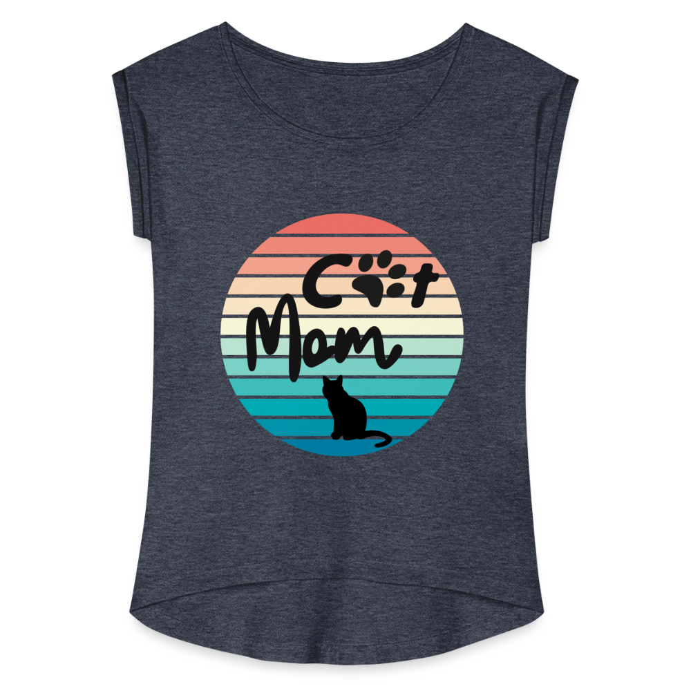 Frauen T-Shirt mit gerollten Ärmeln - Cat Mom - Navy meliert