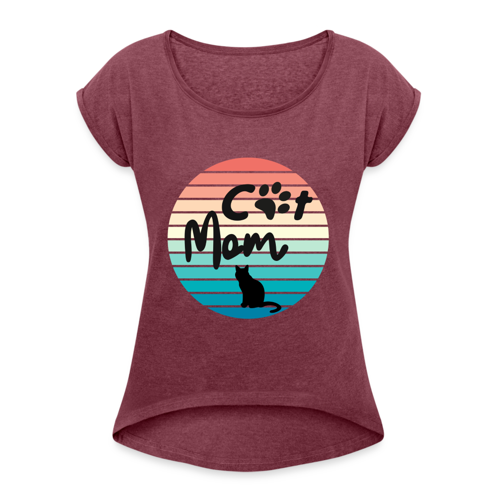 Frauen T-Shirt mit gerollten Ärmeln - Cat Mom - Bordeauxrot meliert