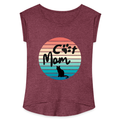 Frauen T-Shirt mit gerollten Ärmeln - Cat Mom - Bordeauxrot meliert