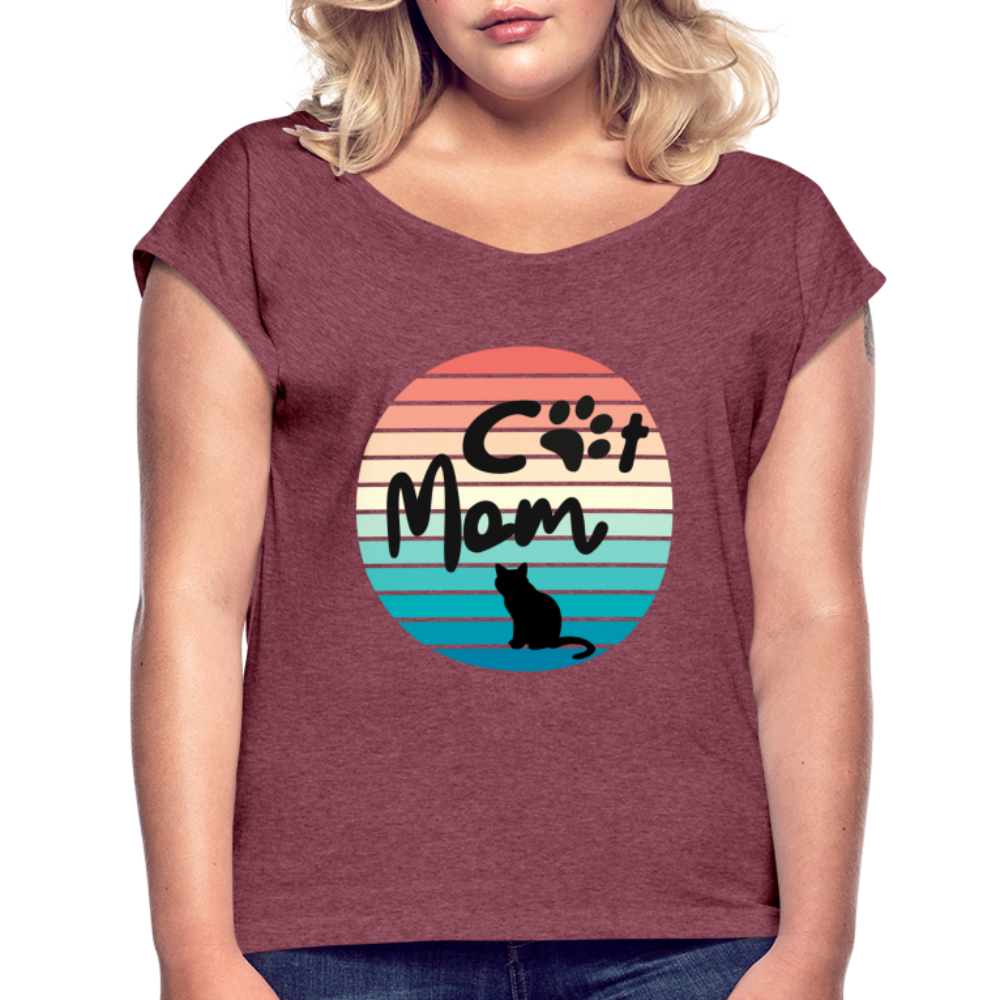 Frauen T-Shirt mit gerollten Ärmeln - Cat Mom - Bordeauxrot meliert