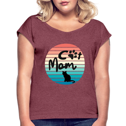 Frauen T-Shirt mit gerollten Ärmeln - Cat Mom - Bordeauxrot meliert