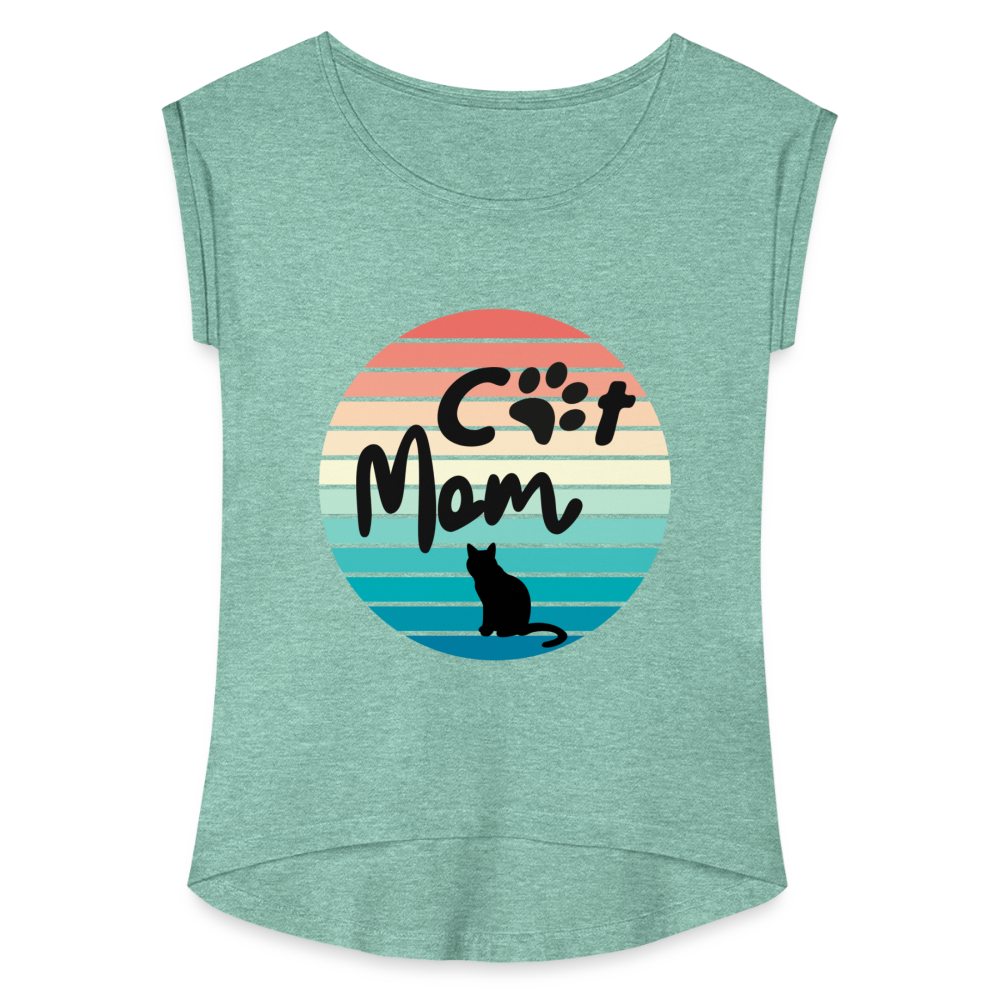 Frauen T-Shirt mit gerollten Ärmeln - Cat Mom - Minze meliert